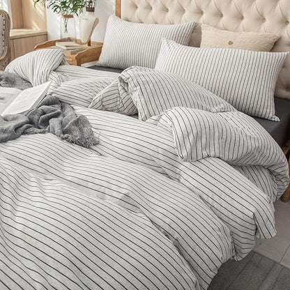 PURE ERA Jersey Knit Duvet Cover Set 100% T-Shirt Heather Cotton Super Soft Comfy Classic Striped Design, with Zipper Closure, Heather White & Black Pinstripe, Full