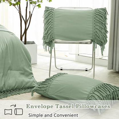 Andency Full Size Comforter Set Sage Green, 3 Pieces Boho Tassel Lightweight Vintage Soft Bedding Comforter Sets, All Season Fluffy Fringe Bed Set (79x90In Comforter & 2 Pillowcases)