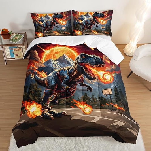 Kids Fun Dinosaur 3 Piece Bedding Set Queen Size,Cartoon Dinosaur Fireball Comforter Set for Boys Girls Teens Room Decor, Animal Themed Bed in a Bag with 2 Pillowcases.