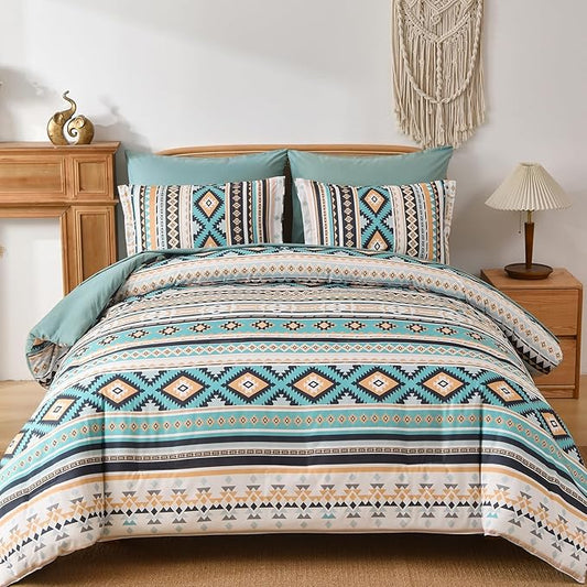 Dinjoy Boho King Size Bed in A Bag 7 Pieces,Turquoise Orange Comforter Set Aztec Striped Bedding Set Bohemian Complete Set Geometric Spring Comforters for Women Men 90"×104"