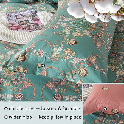 FADFAY Floral Duvet Cover Queen Button Closure 100% Cotton 600 TC Teal Turquoise Blue Luxury Boho Bedding Chic Reversible Orange Comforter Cover Super Soft Shabby Vintage Flower Print 3 Pcs