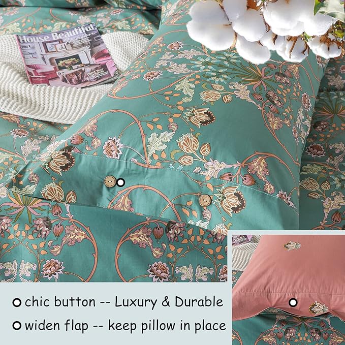 FADFAY Duvet Cover Set Floral Bedding Button Closure Full Premium 100% Cotton 600 TC Shabby Vintage Reversible Blue Orange Comforter Cover Luxury Boho Quilt Cover Soft Breathable 3Pcs
