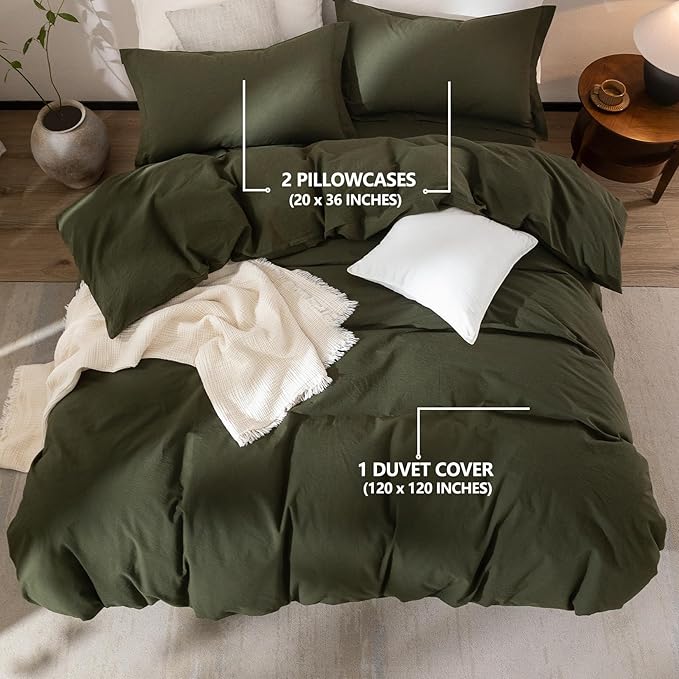 Linen Feel Duvet Cover Super King Plus Size 120inch x 120inch,100% Washed Cotton Duvet Cover with Zipper Closure and 2 Pillowcases, Color of Olive Green