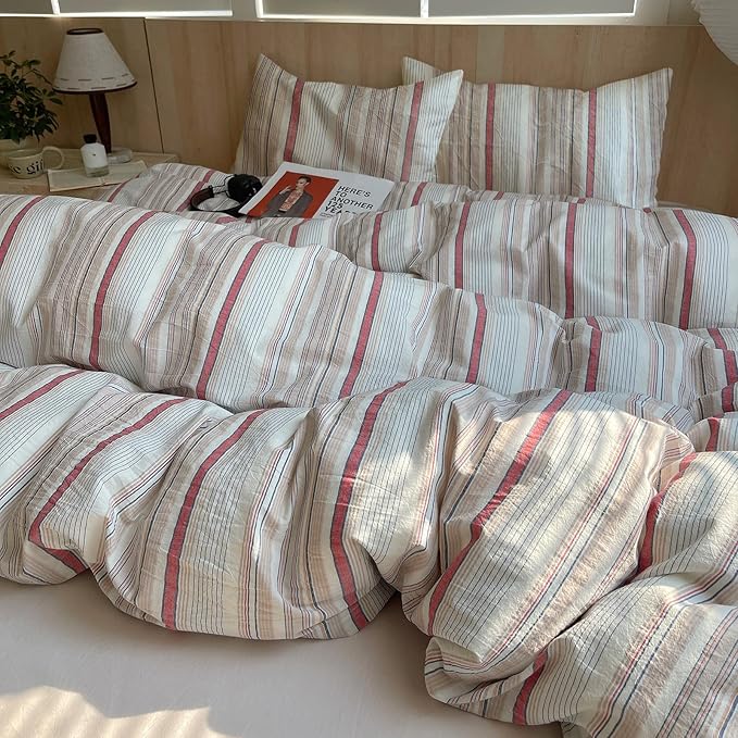 EAVD Geometric Striped Duvet Cover Twin 100% Washed Cotton Multi-Color Pinstriped Bedding Set with 2 Pillowcases Modern Farmhouse Geometric Pattern Duvet Cover with Zipper Closure