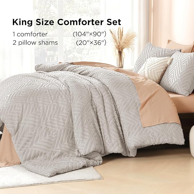 Litanika Linen Grey King Size Comforter Set, 3 Pieces Tufted Boho Farmhouse Bedding Comforter Sets, Lightweight Fluffy Comforter Bed Set for All Season (104x90In Comforter and 2 Pillowcases)