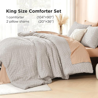 Litanika Linen Grey King Size Comforter Set, 3 Pieces Tufted Boho Farmhouse Bedding Comforter Sets, Lightweight Fluffy Comforter Bed Set for All Season (104x90In Comforter and 2 Pillowcases)