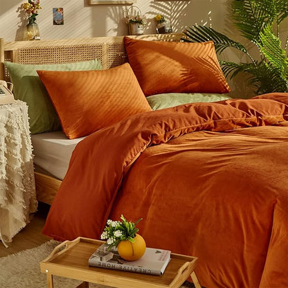 Houseri Burnt Orange Velvet Comforter Set King Rust Comforter Fluffy Bedding Sets Brick Red Comforter Micromink Sherpa Comforter Set Flannel Fuzzy Bed Blanket Rust Red Terracotta Comforter King Size