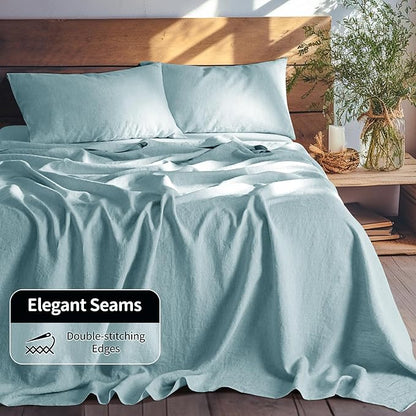 LBRO2M 100% Pure Linen Sheet Set Deep Pocket Up to 16" Bed Sheets Sets, Natural Flax Beddings Soft, Breathable, Comfortable for All Seasons 4 Pcs Sheet Set Queen Size, Ocean Blue