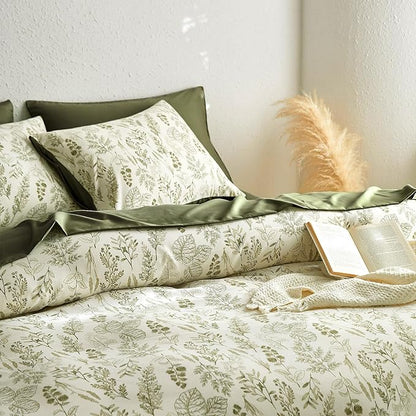 Wake In Cloud - Floral Duvet Cover Set, Botanical Vintage Flower Coquette Cottagecore Aesthetic for Women Teen Girls, Soft Lightweight Bedding, 3-Piece, Olive Green, King Size