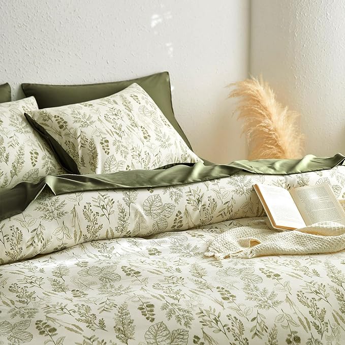 Wake In Cloud - Floral Duvet Cover Set, Botanical Vintage Flower Coquette Cottagecore Aesthetic for Women Teen Girls, Soft Lightweight Bedding, 3-Piece, Olive Green, Full Size