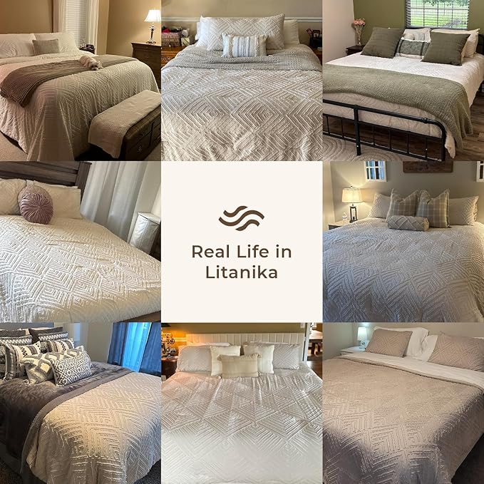 Litanika Beige Super King Size Comforter Set, 3 Pieces Cream Tufted Boho Farmhouse Bedding Comforter Sets, Lightweight Fluffy Comforter Bed Set for All Season (120x120In Comforter and 2 Pillowcases)