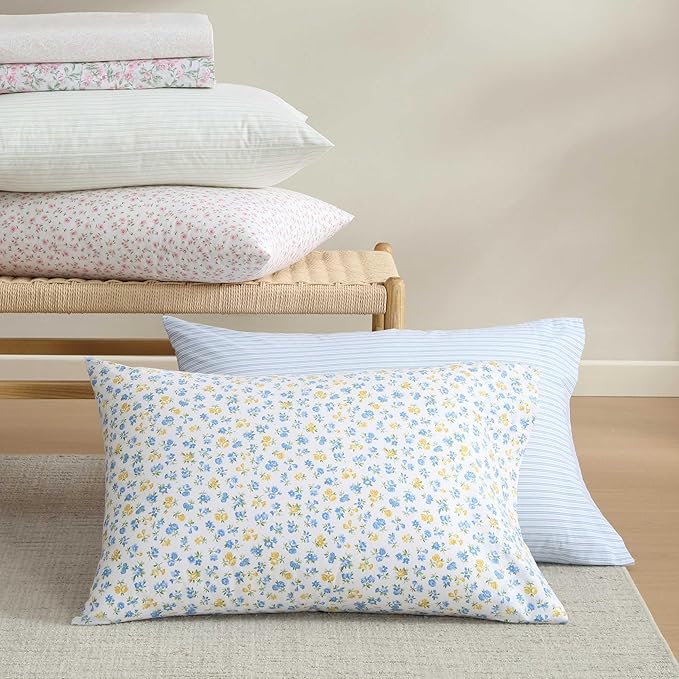 Laura Ashley - King Sheet Set, Crisp & Cool Cotton Percale Bedding for Year Round Comfort, Deep Pocket, Bed Sheets with Matching Pillowcases (Ditsy Doodle Blue)