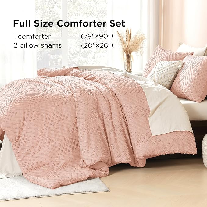 Litanika Blush Full Comforter Set, 3 Pieces Pink Tufted Boho Farmhouse Bedding Comforter Sets, Lightweight Fluffy Comforter Bed Set for All Season (79x90In Comforter and 2 Pillowcases)