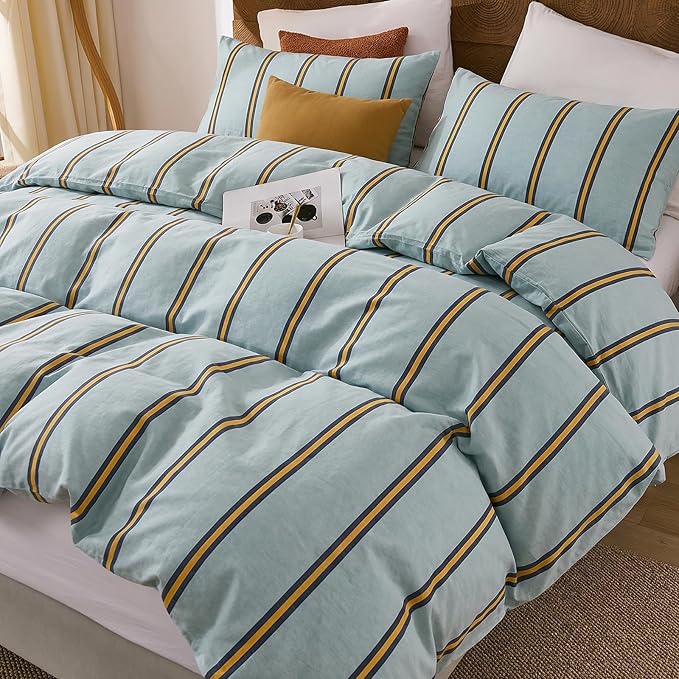 Merryword Green & Orange Striped Duvet Cover Set Queen Size, 100% Cotton Bedding Set with Zipper Closure & 8 Corner Ties, Luxury Linen Like Bedding, Soft Breathable Comforter Cover for All Seasons