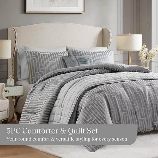 Madison Park Queen Comforter Set Jacquard Metallic Thread Comforters Queen Size Bed, All Season Comforter & Quilt Bedding Set Queen Size Comforter, Decor Pillows, Shams, Royce, Queen Grey 5 Piece