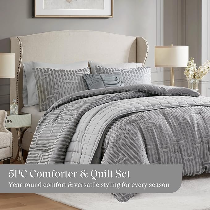 Madison Park King Comforter Set Jacquard Metallic Thread Comforters, All Season Comforter & Quilt Bedding Set King Size Comforter, Decor Pillows, Shams, Royce, King Grey 5 Piece