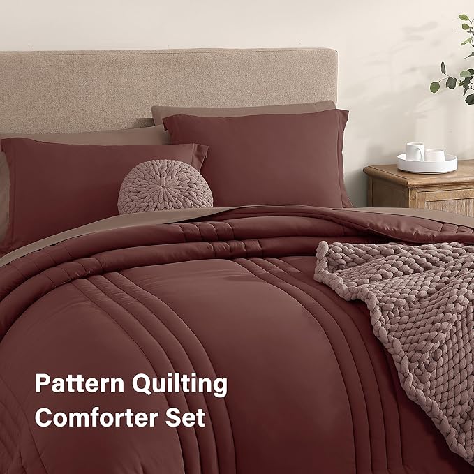 Monbix Full Comforter Set - 7 Pieces Dark Red Bed in a Bag Full Size Bedding Sets with Comforters, All Seasons Comforter with Sheets, Pillowcases & Shams