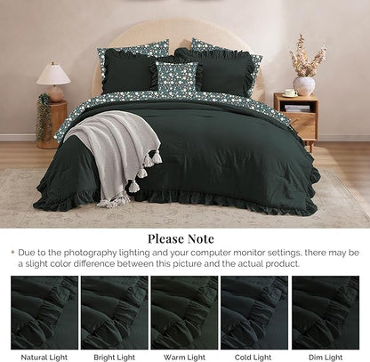 Full Comforter Set - 7 Pieces Ruffle Forest Green Bedding Sets, Shabby Chic Farmhouse Bed in a Bag with Ruffle Comforter, Floral Sheets, Pillowcases & Shams