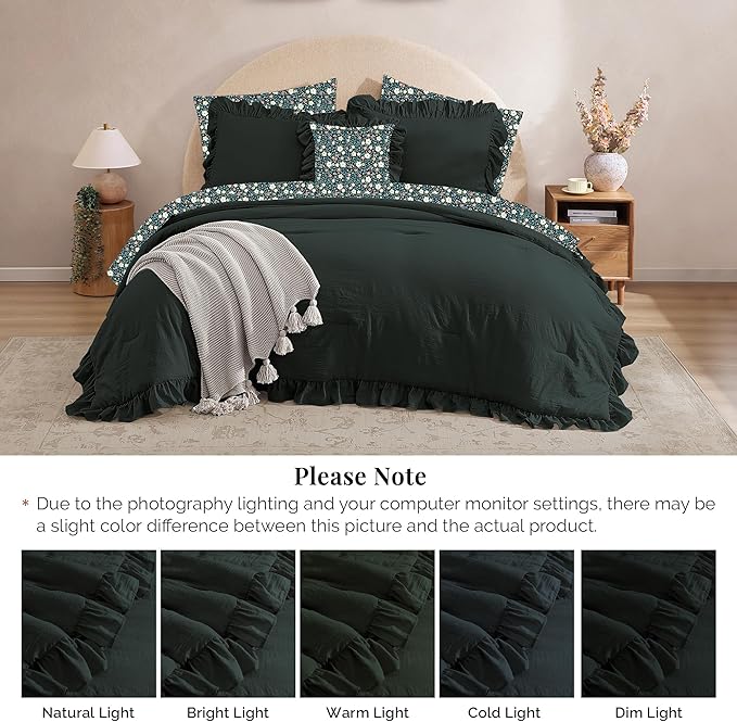 Queen Comforter Set - 7 Pieces Ruffle Forest Green Bedding Sets, Shabby Chic Farmhouse Bed in a Bag with Ruffle Comforter, Floral Sheets, Pillowcases & Shams