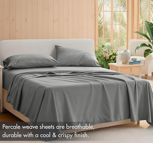 RUVANTI 100% Cotton Sheets – California King Percale Bedding, Cooling & Breathable, Durable with a Crisp, Soft & Comfortable Feel, 14" Deep Pocket, 4-Piece Set, Mist Grey
