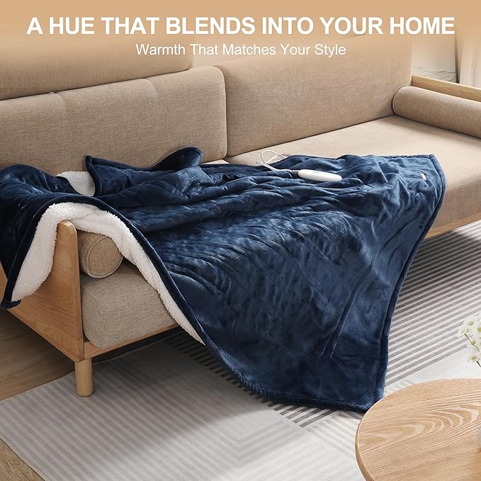 Electric Blanket 62X84in Heated Blanket Twin Size - Fleece Heating Blanket Washable with 5 Heating Level & 10 Hour Auto Off for Office, Chair Heated Blanket for Winter, Great Gift Ideas(Navy Blue)