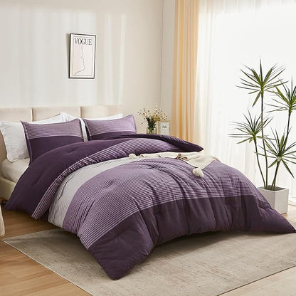 Litanika Purple Comforter Set Oversized King - 3 Pieces Lightweight Gray Purple Colorblock Stripe Fluffy Bedding Comforter Sets, All Season Bed Set