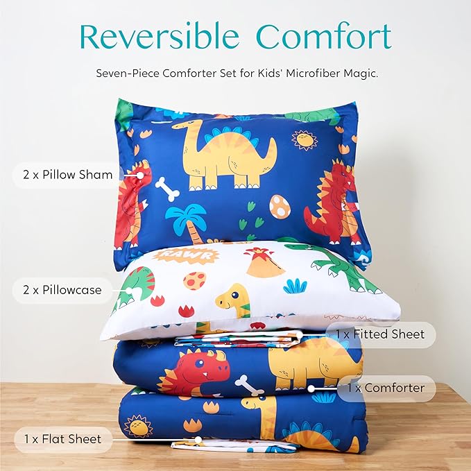 Joiedomi Kid Full Comforter Set 7 Piece Cute Dinosaur Bedding Set for Boys Girls Super Soft Microfiber Bed in a Bag with Comforter Sheets Pillowcase Sham