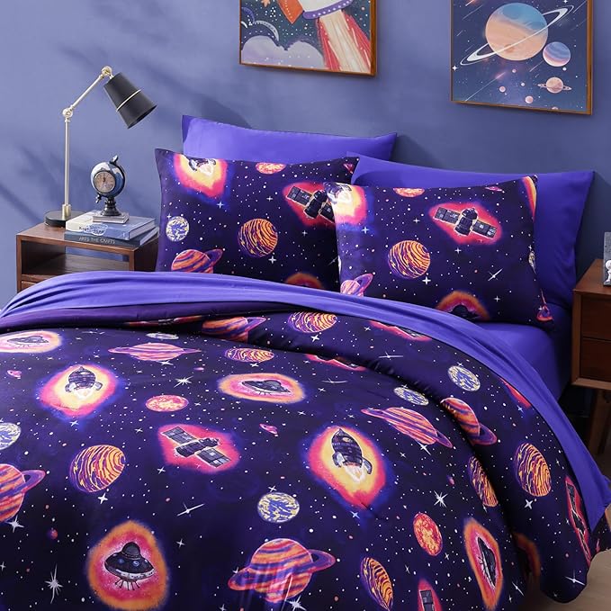 Full Kids Comforter Set - 7 Pieces Full Bedding Sets for Boys Teen, Outer Space Rocket Bed in A Bag with Sheets
