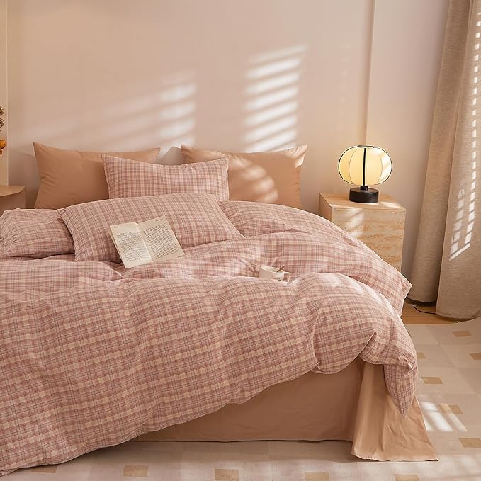 EAVD Modern Style Gingham Comforter Set Queen Fluffy Soft Pink Blue Grid Plaid Comforter Set with 2 Pillowcases Farmhouse Grid Checkered Gingham Bedding Set for All-Season
