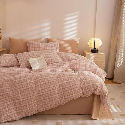 EAVD Modern Style Gingham Comforter Set Queen Fluffy Soft Pink Blue Grid Plaid Comforter Set with 2 Pillowcases Farmhouse Grid Checkered Gingham Bedding Set for All-Season