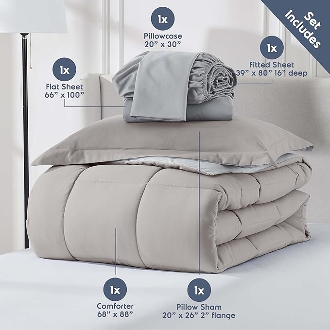 Nestl 5 Piece Twin XL Comforter Set – Linen Reversible Bed in a Bag – Complete Twin XL Size Bedding Set with Sheets, Pillowcase and Sham