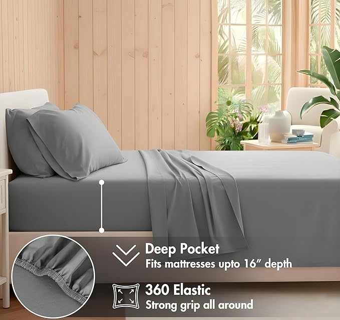 RUVANTI 100% Cotton Sheets – Split King Size Percale Bedding, Cooling & Breathable, Durable with a Crisp, Soft & Comfortable Feel, 16" Deep Pocket, 5-Piece Set, Mist Grey