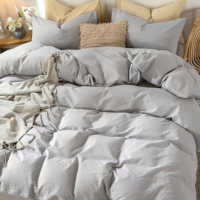 MooMee Bedding Duvet Cover Set 100% Washed Cotton Linen Like Textured Breathable Durable Soft Comfy (Lavender Grey, Queen)