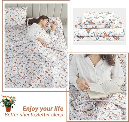Softan Floral Queen Sheet Set Orange Flower Printed Bed Sheets - 4 Piece Soft Microfiber Patterned Fitted Sheets with 15" Deep Pocket and Corner Straps, Cute Spring Sheets & Pillowcase Set