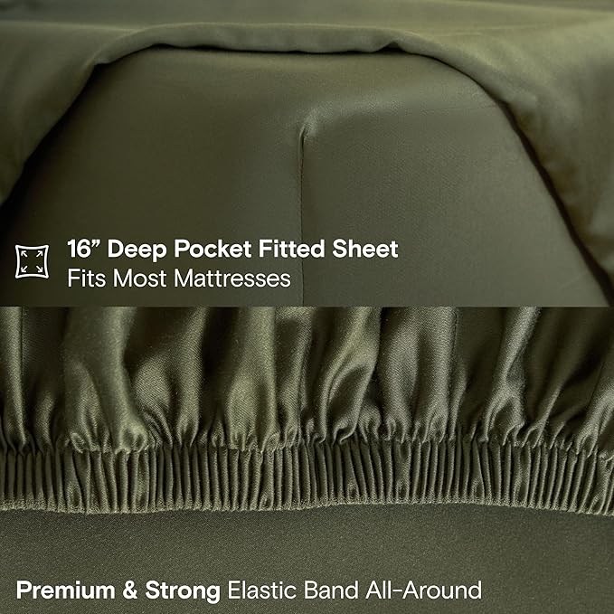 DOZ Sheet Set, 100% Viscose derived from Bamboo, Organically Grown, Buttery Soft, Cooling Sheets, High GSM, Deep Pockets - 3 Piece - 1 Pillowcase 1 Fitted 1 Top Sheet (Olive, Twin XL)