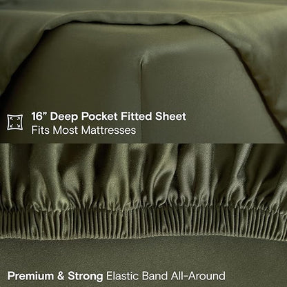 DOZ Sheet Set, 100% Viscose derived from Bamboo, Organically Grown, Buttery Soft, Cooling Sheets, High GSM, Deep Pockets - 3 Piece - 1 Pillowcase 1 Fitted 1 Top Sheet (Olive, Twin XL)