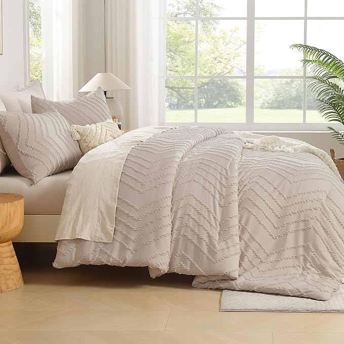 Andency Linen Comforter Set Full Size, Boho Soft Warm Tufted Bedding Comforter Sets for Full Size Bed, 3 Pieces Aesthetic Chevron Farmhouse Cute Bohemian Textured Bed Set