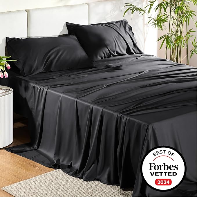 Bedsure California King Sheet Sets, Cooling Sheets for Hot Sleepers, Rayon Derived from Bamboo, PureWoven, Breathable & Soft, Deep Pocket Up to 16 Inches, Hotel Luxury Silky Bedding, Black