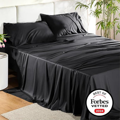Bedsure California King Sheet Sets, Cooling Sheets for Hot Sleepers, Rayon Derived from Bamboo, PureWoven, Breathable & Soft, Deep Pocket Up to 16 Inches, Hotel Luxury Silky Bedding, Black