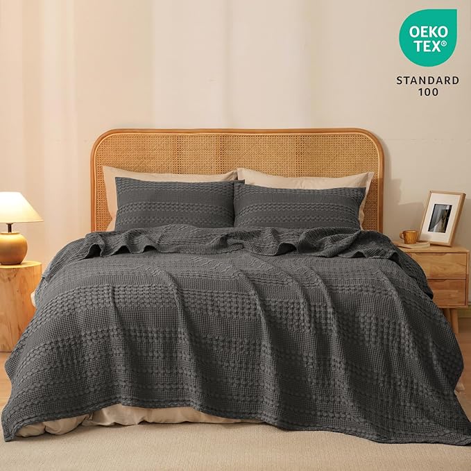 PHF 100% Cotton Waffle Weave Blanket Queen Size for Bed, Soft Lightweight & Breathable for Spring and Summer, All-Season Comfort, Luxury Aesthetic Blanket for Home Decor, 90"x90", Charcoal Grey