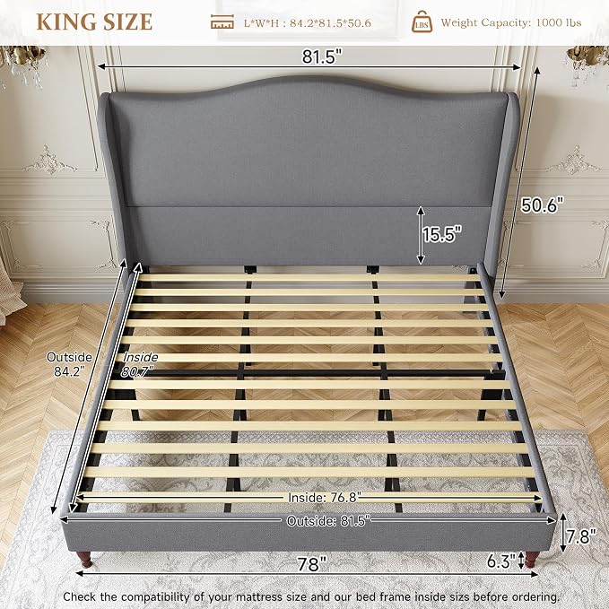 koorlian King Size Upholstered Bed Frame with 51'' Tall Headboard, Grey | Reinforced Platform Bed, Easy Assembly, Soft Fabric, Sleigh Wingback, Solid Wood Retro Legs, Noise-Free, Classic & Simple