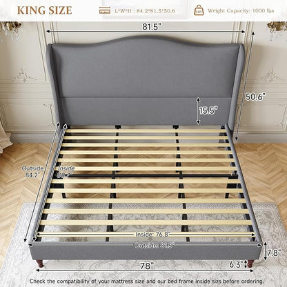 koorlian King Size Upholstered Bed Frame with 51'' Tall Headboard, Grey | Reinforced Platform Bed, Easy Assembly, Soft Fabric, Sleigh Wingback, Solid Wood Retro Legs, Noise-Free, Classic & Simple