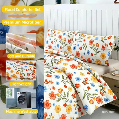 SDIII Reindeer and Floral Comforter Set Queen 3 Pieces, Soft Microfiber Vintage Floral Comforter Queen Size, Yellow Flower Bedding All Season