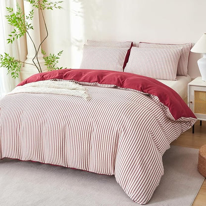 Comforter Set King Size Brick Red Striped Soft Luxury Washed Microfiber Jacquard 3 Pieces White Brick Red Vertical Ticking Stripes Pattern Comforter with 2 Pillowcases Breathable Durable Comfy