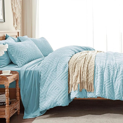 Zzlpp Twin Comforter Set 5 Pieces, Light Blue Tufted Bed in a Bag with Comforter and Sheets, All Season Boho Bedding Sets with 1 Comforter, 1 Pillow Sham, 1 Pillowcase, 1 Flat Sheet, 1 Fitted Sheet