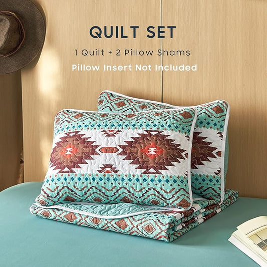 Wake In Cloud - Western Quilt Set, Southwestern Aztec Country Style with Rustic Ranch Vibe, Reversible Lightweight Bedspread Coverlet, 3 Pieces, Turquoise Brown, Twin/Twin XL Size
