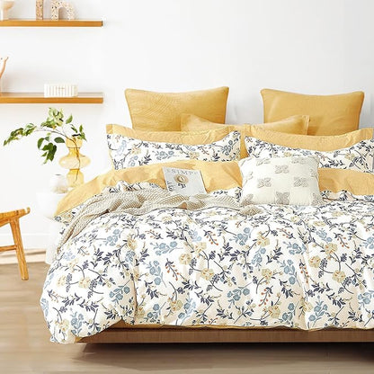 Yellow Floral Cotton Comforter King Size - Orange, Blue & Slate Gray Botanical Pattern on Off White, Reversible Design, 3PC Lightweight Bedding Set with Soft Alternative Fill (King)