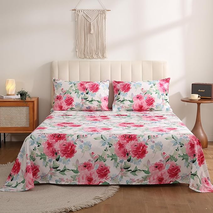 JSD Watercolor Rose Floral Sheet Set Full Size, 4 Piece Soft Printed Microfiber Sheets Extra Deep Pocket