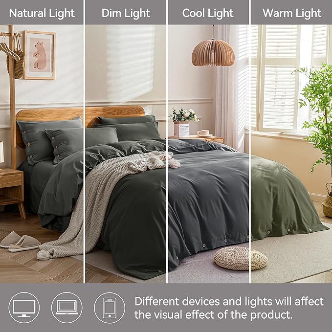 JELLYMONI Cotton Duvet Cover Full Size - Gray Comforter Cover with Button 100% Washed Cotton 3PCS Breathable Soft Solid Bedding Set Duvet Cover 80×90in & 2 Pillowcases (NO Comforter)