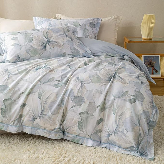 OAITE Duvet Cover Set Queen Size Floral Pattern Ultra Soft 100% Cotton Duvet Cover Sets 3-PC, Breathable Duvet Cover with Zipper Closure & Corner Ties(2 Pillow Shams,1 Duvet Cover)
